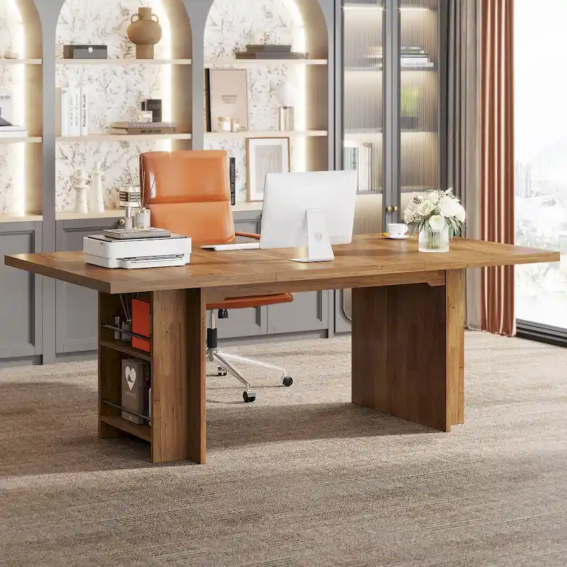 Natural Wood / Walnut / Brown Large Writing Desk with Storage Shelves, 1-Person