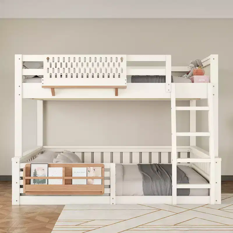 Bunk Bed Frame with Ladder, Guardrails, Pegboard & Bookshelf (Twin XL / Full XL / Queen over Queen)