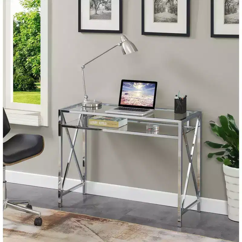 42" Oxford Chrome Desk with Shelf Clear Glass/Chrome - Breighton Home: Home Office, Tempered Glass Surface, Metal Frame