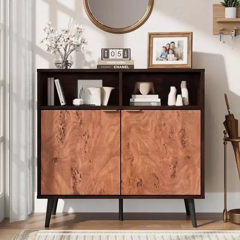 31.5 Walnut and Burl Storage Cabinet - Compact Accent Cabinet for Dining Room, Living Room or Entryway