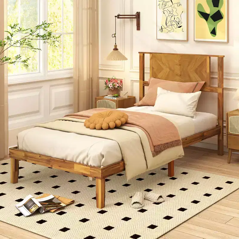 Rustic Wood Platform Bed Frame with Headboard & Under-Bed Storage, 12 Slats, No Box Spring, Twin/Full/Queen