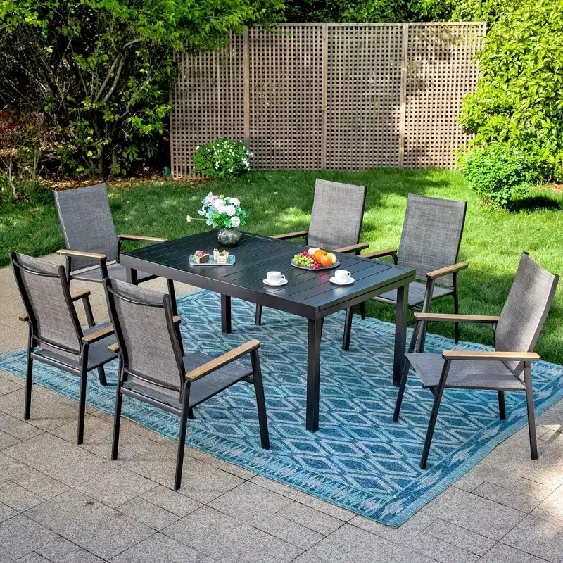 Captiva Designs 7pc Patio Slat-top Adjustable Rectangular Table & Gray Textilene Aluminum Chairs