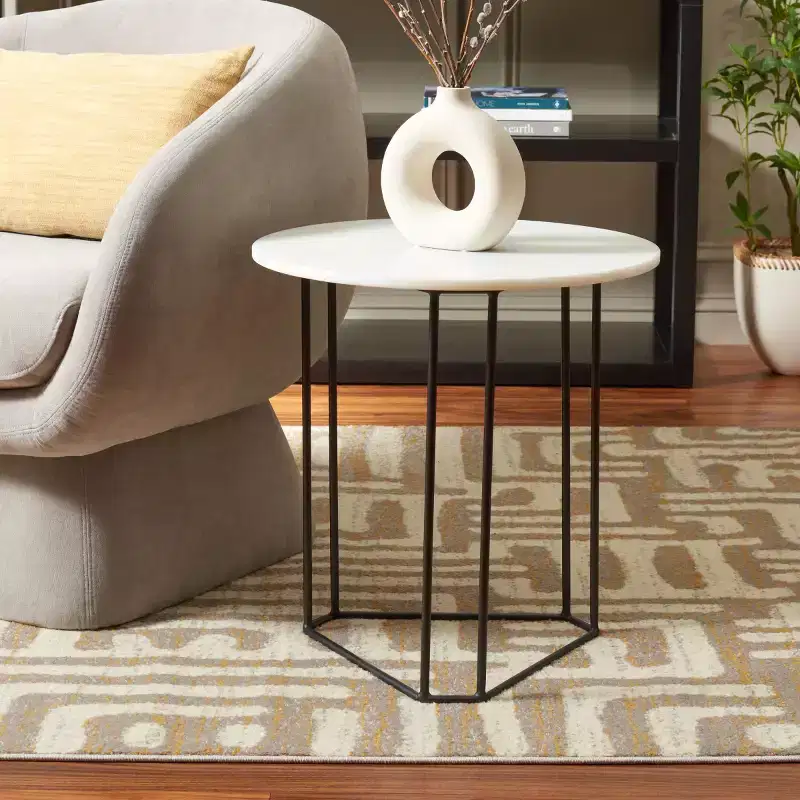 Round Accent Table White Marble/Black