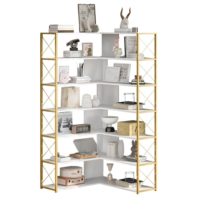 7-Tier Bookcase Home Office Bookshelf, L-Shaped Corner Bookcase with Metal Frame, MDF Board - 37.4*37.4*709