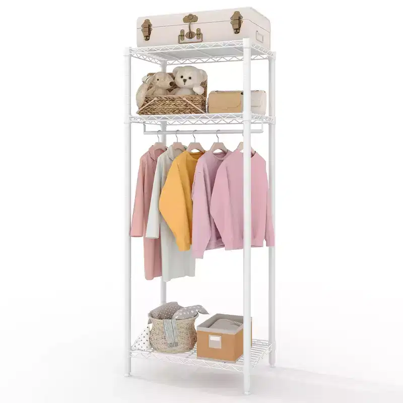 Heavy-Duty Clothes Rack with Adjustable Shelves, Freestanding Metal Garment Organizer with Hanging Rod for Bedroom, Laundry or Dorm, White