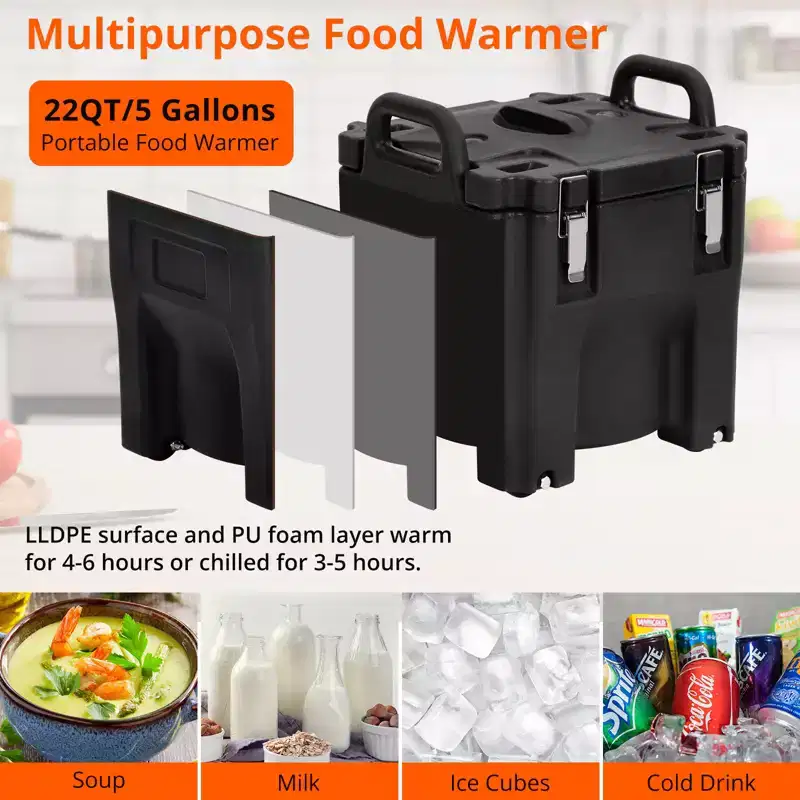 COZONY Insulated Food Pan Carrier with Spoon, 20L Capacity Top Load Wheel Side Lock Stainless Steel for Catering Restaurant