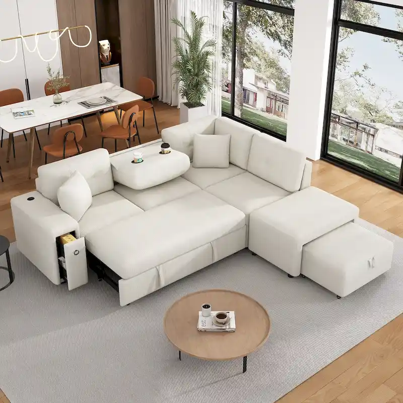 L-Shaped 4-Seat Sectional Sofa with Pull-Out Bed, Ottoman, USB Ports & Drop-Down Table