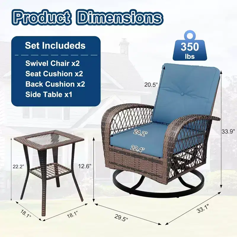 GustoWave 3-Piece Patio Wicker Table and Chair Set with Cushions and Coffee Table for Patio Porch Pool