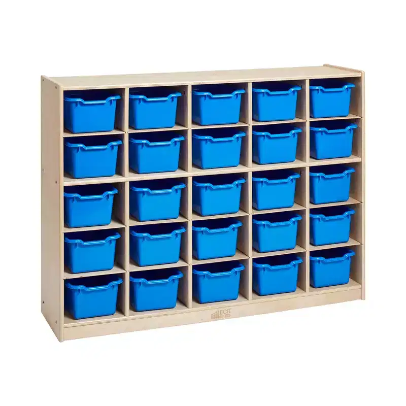 ECR4Kids 25 Cubby Mobile Tray Cabinet and 25 Scoop Front Storage Bins, 5x5, Kids Furniture