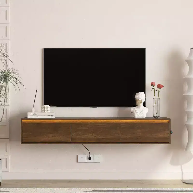 JVNOXK 64-inch Wooden Wall-Mounted Floating TV Stand with LED Lighting and Power Outlet, High-Gloss Finish, Ideal for Living Rooms. Wood-Tone