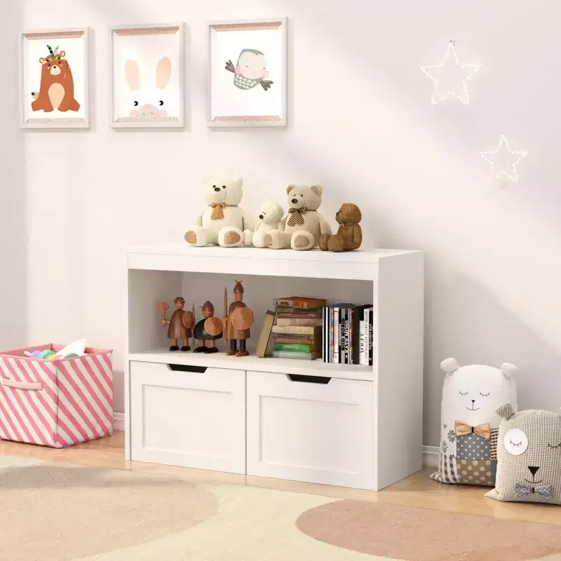 Toy Storage Cabinet Organizer & Book Organizer with 2 Drawers, Open Shelves, Large Capacity, Durable MDF - White