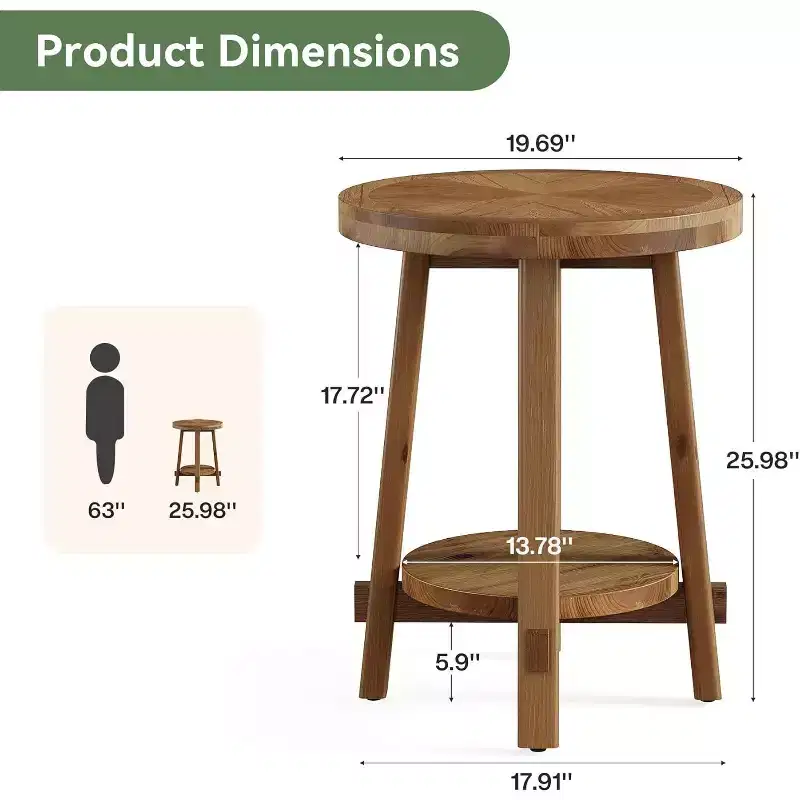 Solid Wood Side Table for Living Room, FarmhouseSmall Round End Table with 2-Tier Storage for Small Spaces, Bedroom, Brown