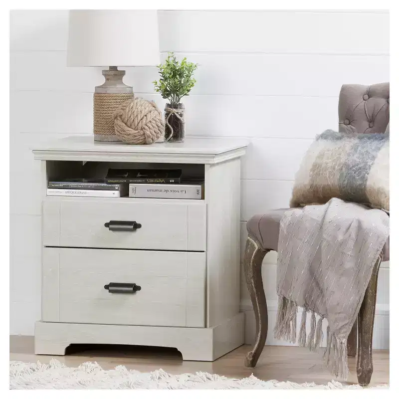Off-White & Matte Black Nightstand with Drawer and Shelves