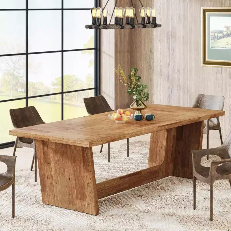 Lantine 70.87-Inch Large Dining Table: Wood Long Rectangular Farmhouse Kitchen Dinner Table for 6-8 with Solid Pedestal, Yellow Brown