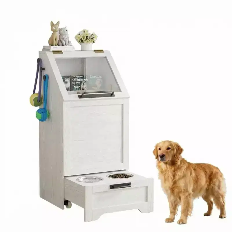 Elevated Dog Feeding Station with Storage Cabinet - Includes 2 Raised Bowls,3 Hooks, and Hidden Food Container Organizer for Pet Food and Accessories