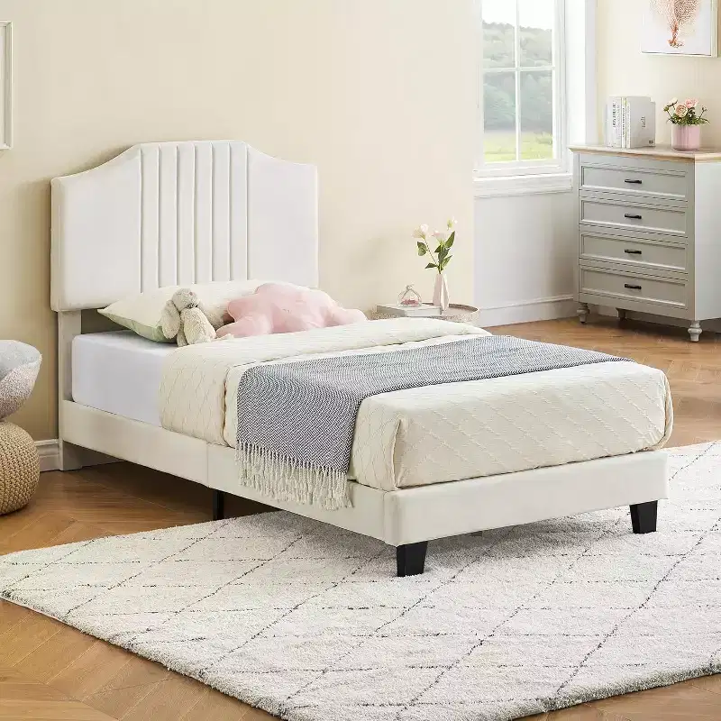 Twin Plus Size Beige Kids Bed, Sturdy Velvet Headboard, Oak Wood Slats, Squeak Resistant, No Box Spring Needed, Easy Assembly
