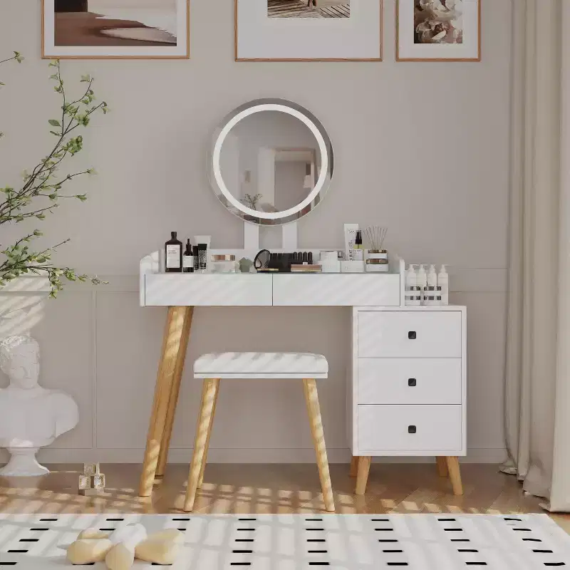 Modern Makeup Vanity Desk with LED Mirror, 5 Drawers, Built-In Power Hub, Glass Top, and Matching Stool for Girls' Rooms