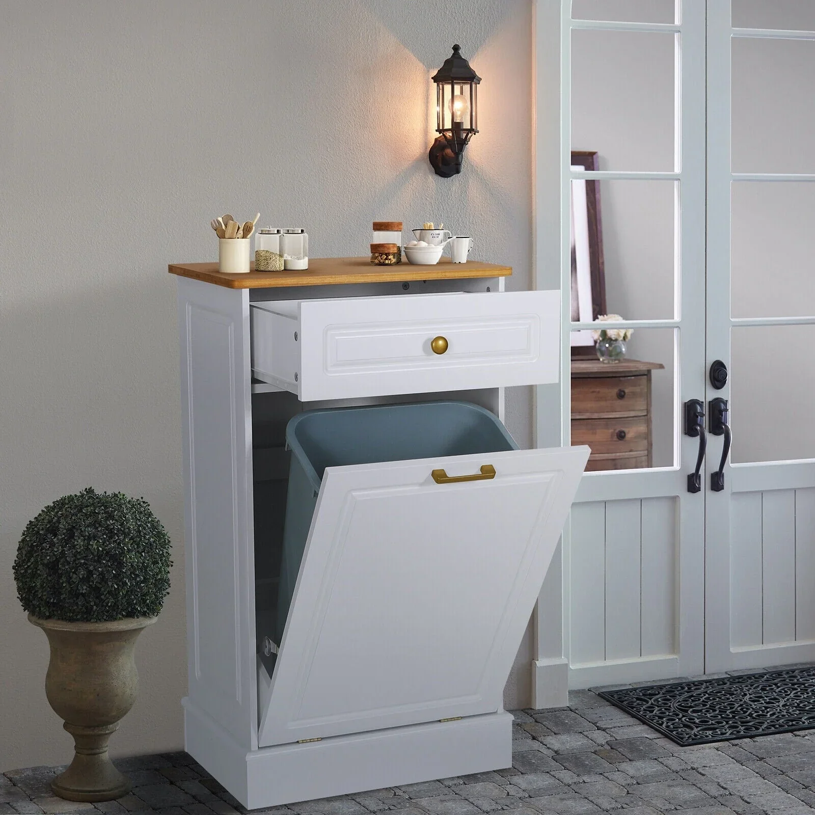 Kitchen Tilt Out Trash Cabinet Can Bin Storage Wooden Counter-top Waste Baskets with Drawer