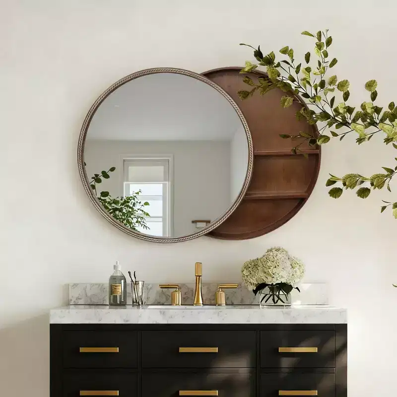 23.6 Modern Sliding Round Wall Mirror with Storage, Space-Saving Vanity Mirror for Bathroom, Accent Mirror for Living Room-Panipeachy