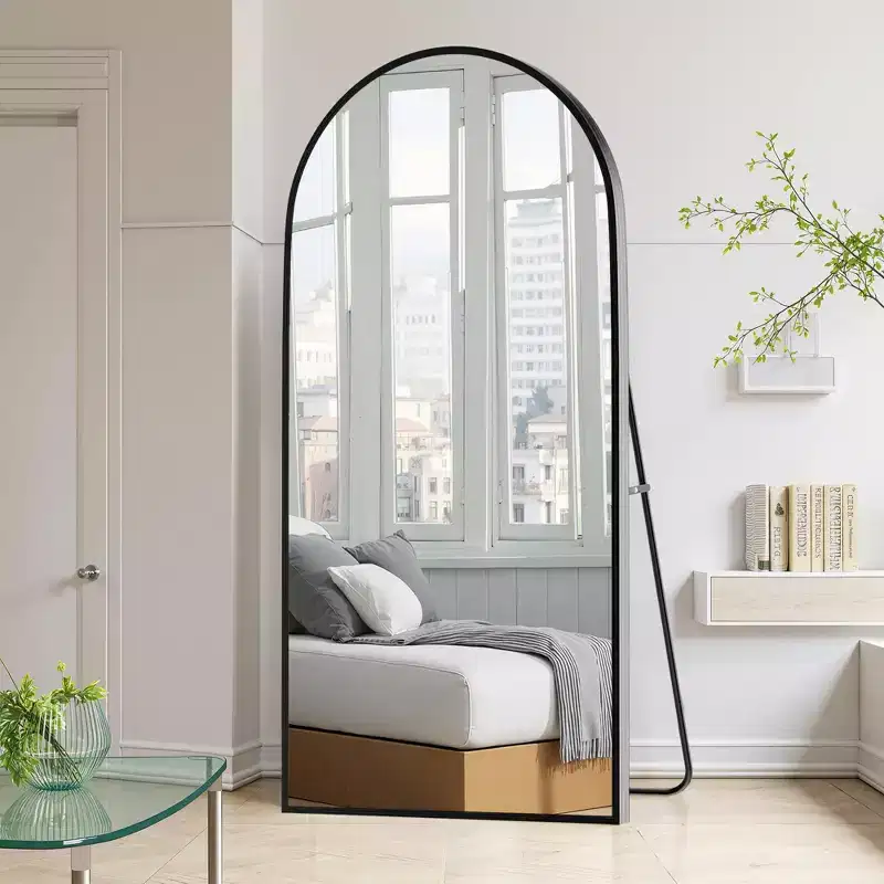 Black Aluminum Alloy Thin-Edge Arched Full-Length Mirror, 180x96cm, Wall Leaning with Bracket