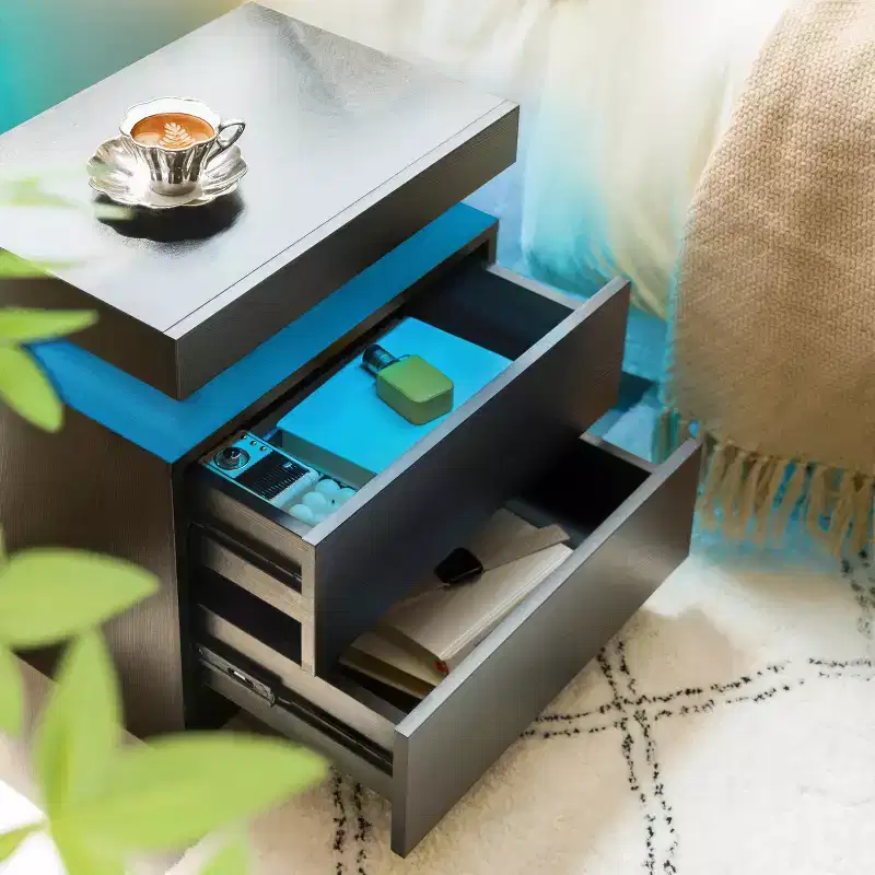 Nightstand LED Bedside Table Cabinet Lights Modern End Side with 2 Drawers for Bedroom (Black Woodgrain)