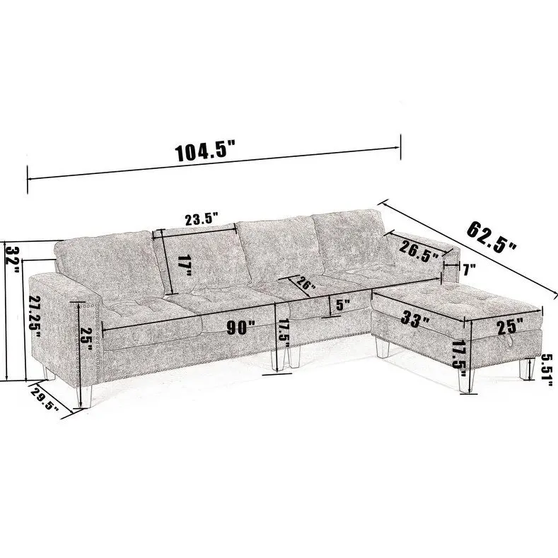 5-Seat Modular L-Shaped Convertible Sectional Sofa