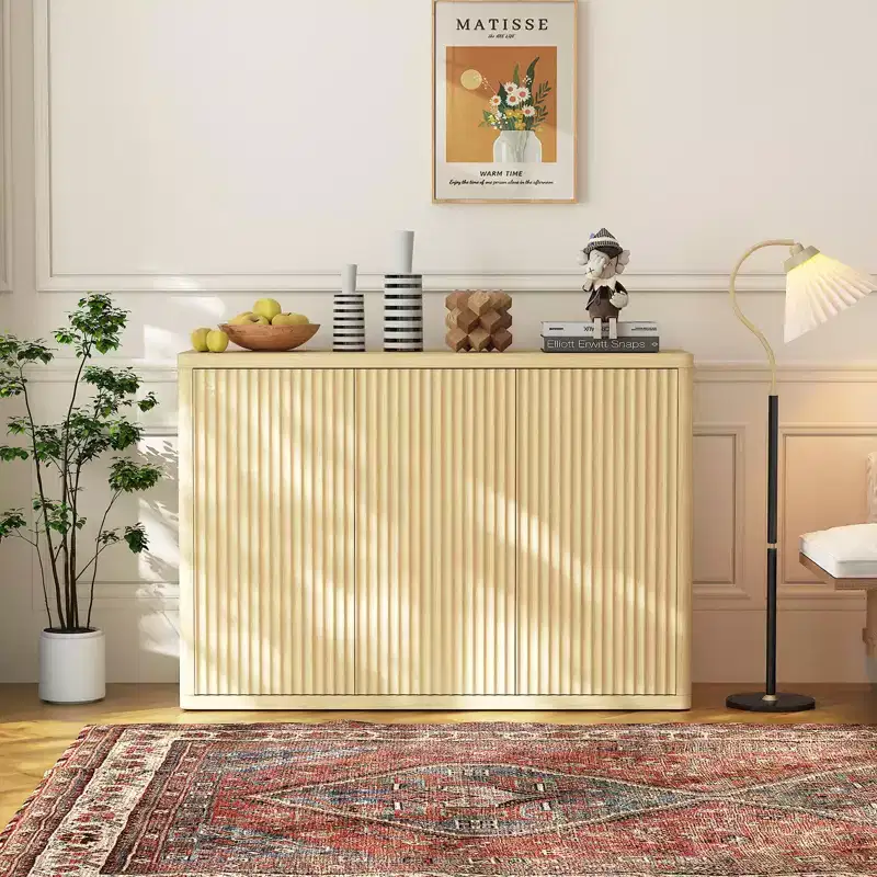 COZONY 46.7 Sideboard Buffet Cabinet, Wooden Fluted Storage Cabinet w/ Adjustable Shelves & 3 Doors