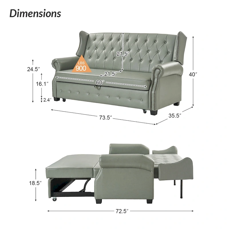 Ruedi Transitional 73.6 Vegan Leather Sofa Bed with Tufted Back and Nailhead by HULALA HOME