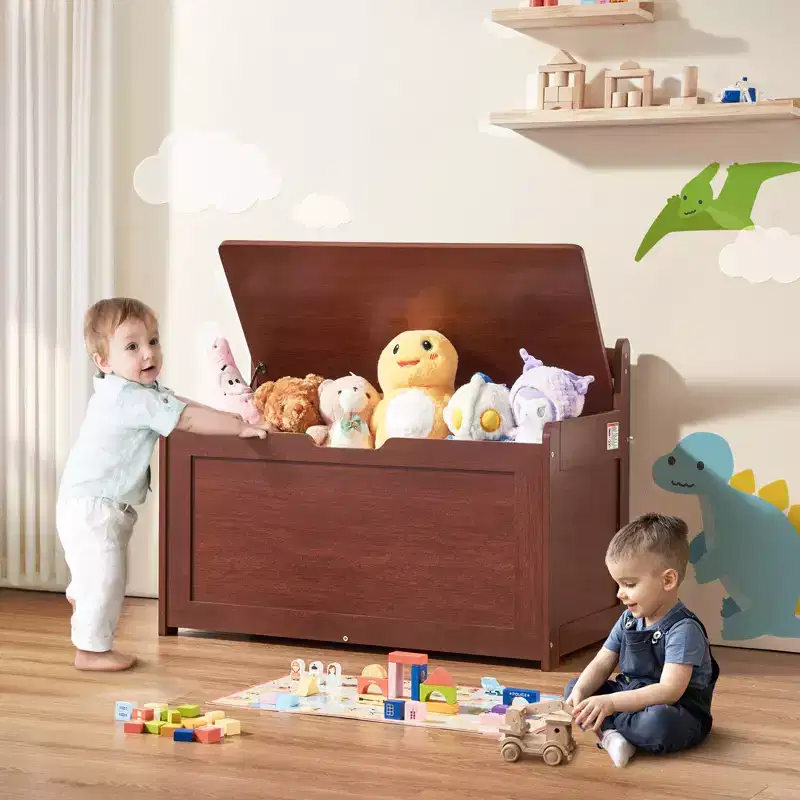 Wooden Toy Chest for Kids, Toddler Toy Storage Box with Flip-Top Lid and Safety Hinge, 32.68 x 17.91 x 24.02 Inch, Cherry