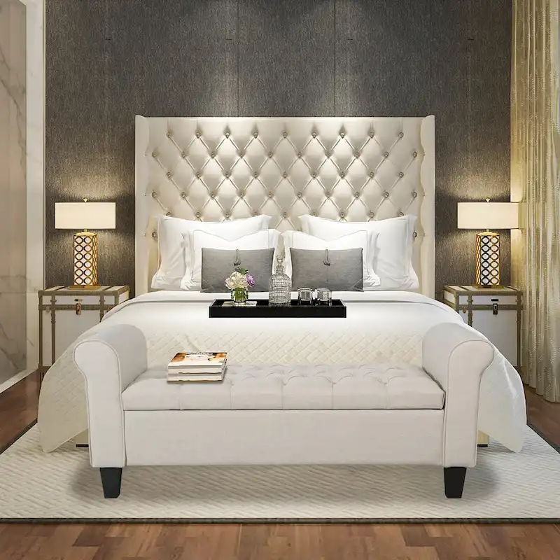 Fabric Flip Top Button Tufted Storage Bench | Upholstered Entryway Bench with Lid
