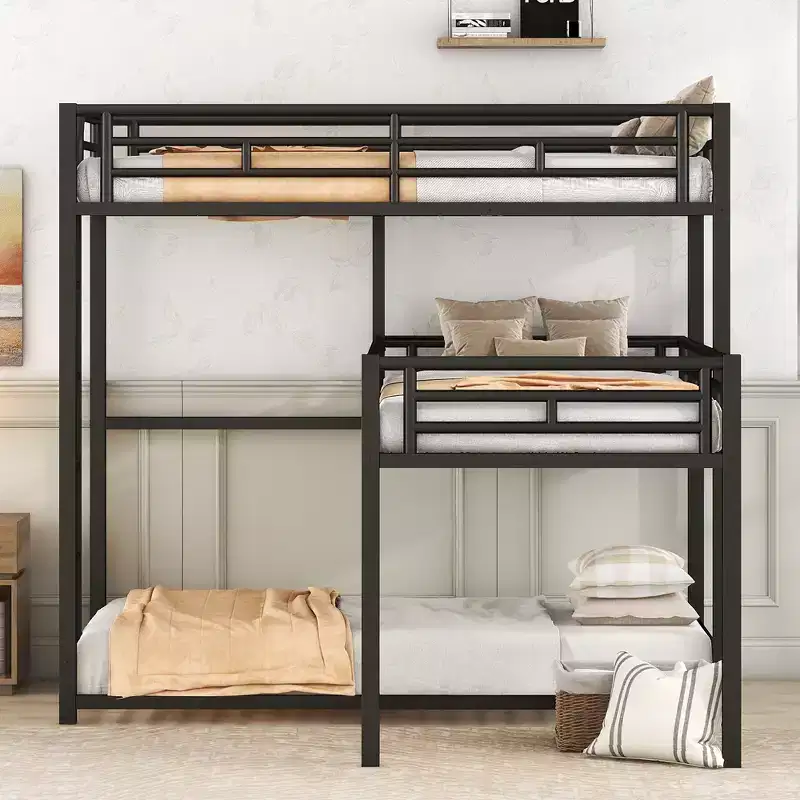 L-Shaped Triple Twin Metal Bunk Bed, Space-Saving Industrial Triple Decker with Ladders & Full Guardrails, Black