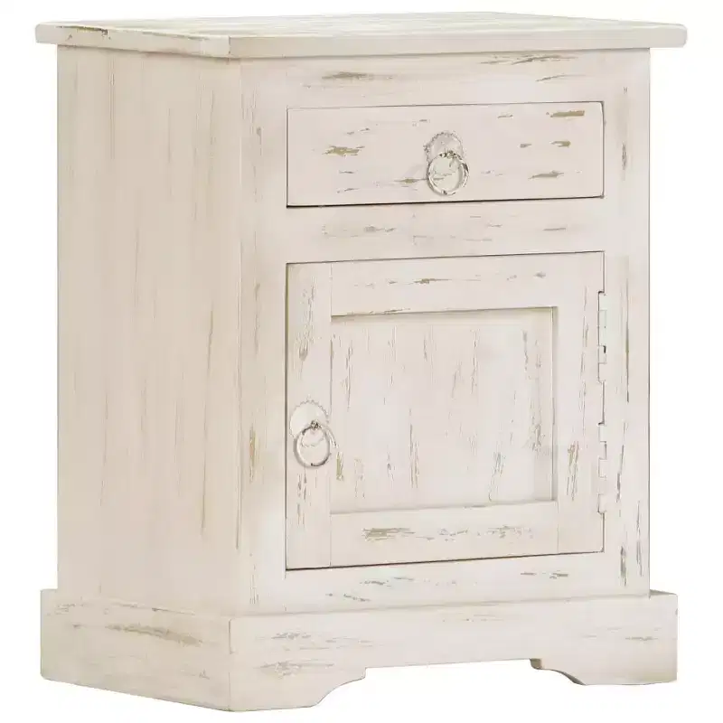 Vintage Solid Mango Wood Bedside Cabinet with Drawer & Cupboard – White