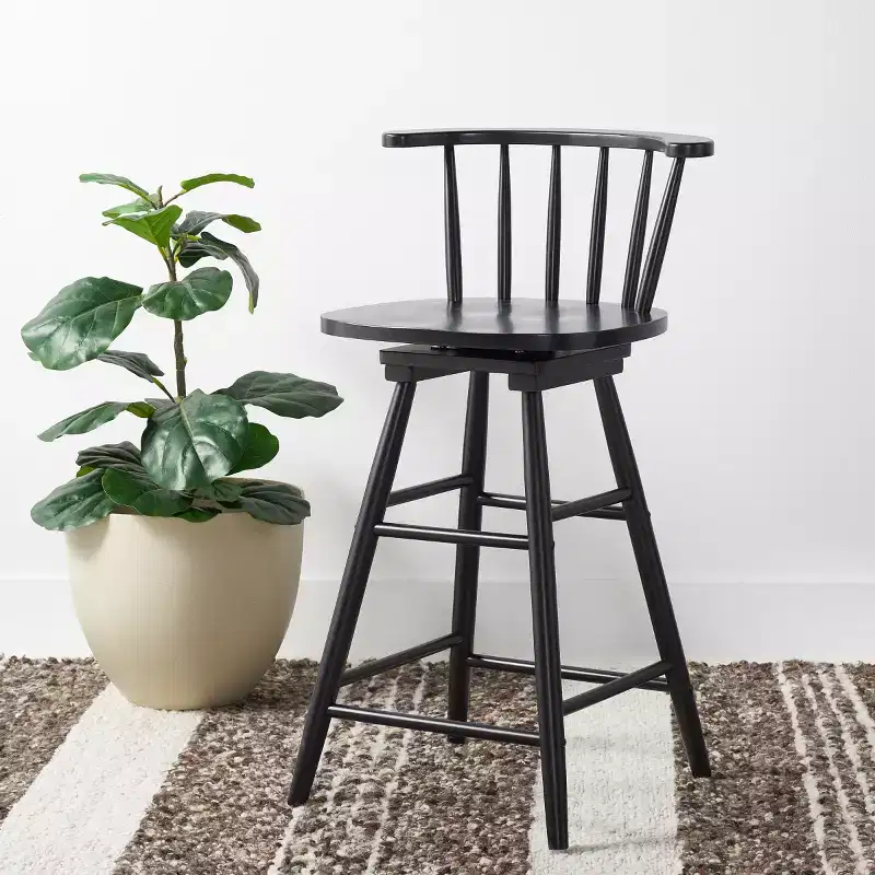 Swivel Counter Stool, Rubberwood Frame, Armless Low Back with Footrest, Black, Fixed Height