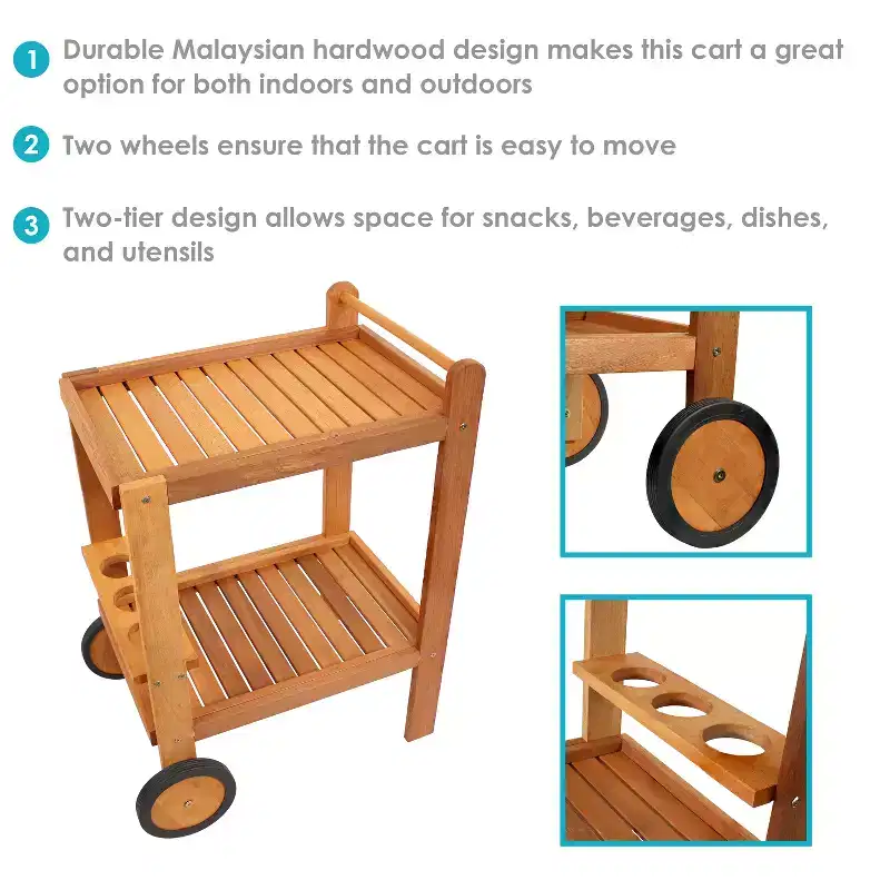 Sunnydaze Malaysian Hardwood Outdoor Rolling 2-Tier Serving Cart