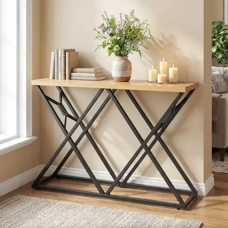 Costway 55'' Industrial Console Table w/ Solid Metal Frame & Storage Rustic Sofa Table