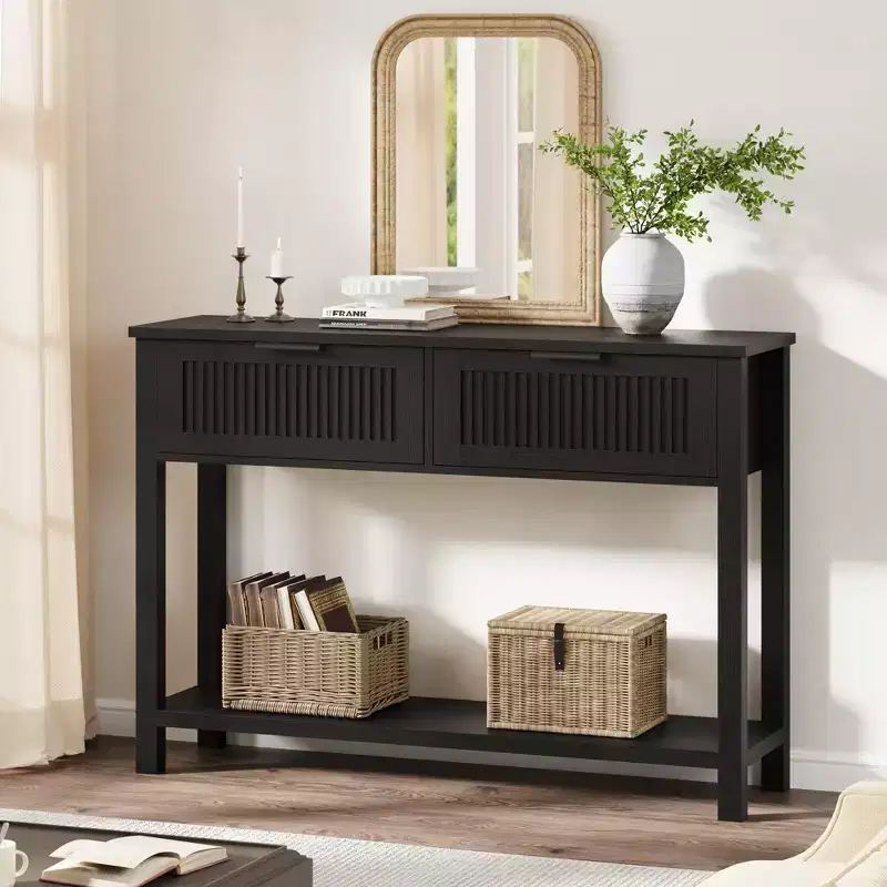 Fluted Entryway Console Table with 2 Drawers, Wooden Sofa Table for Living Room, Hallway or Foyer - Black Finish, Sleek Storage Design