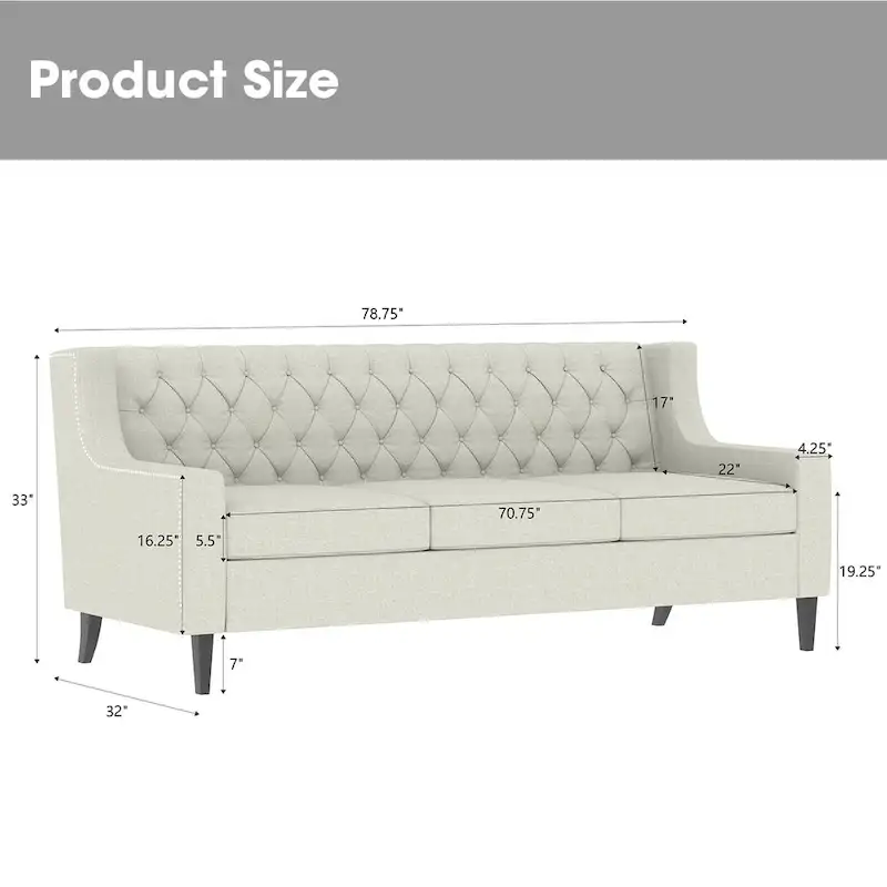 78.75 Polyester 3-Seater Sofa with Tufted Back and Cushions