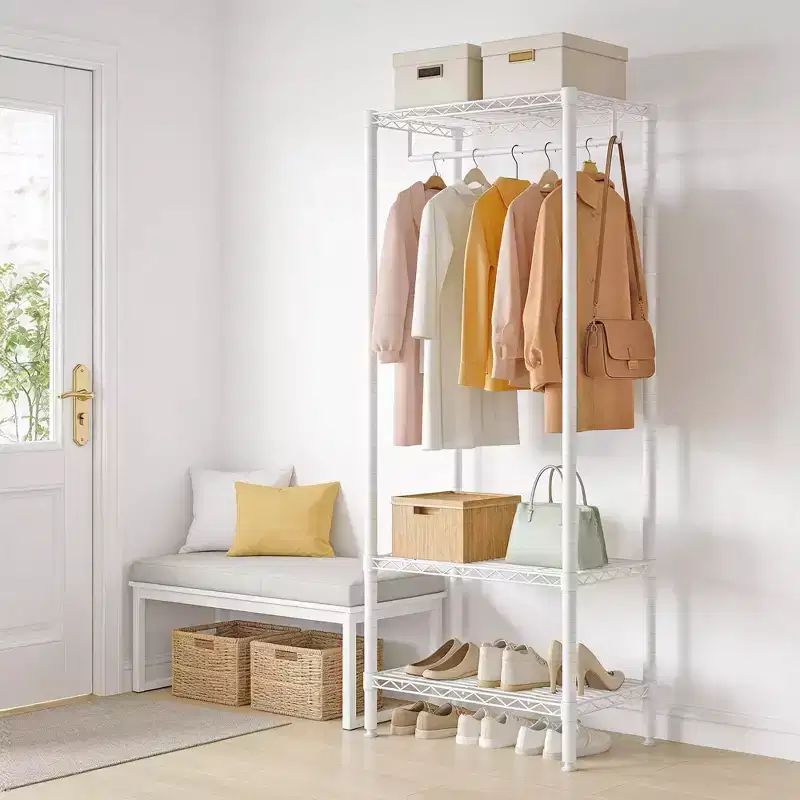 69H Metal Clothing Rack for Hanging Clothes, Wire Garment Rack with Hang Rod & Adjustable Shelves, Freestanding Closet Organizer for Bedroom