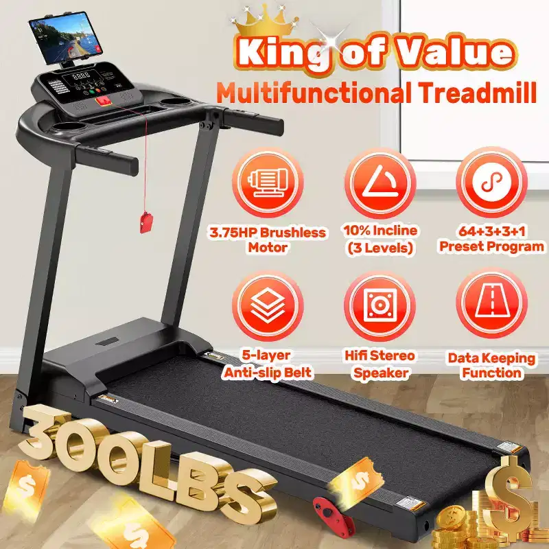 Inclined Treadmill w/ 300lb Capacity,3.75HP Folding Treadmill for Home,71 Program,APP Control,7.5MPH,HiFi Speaker,Shock-Absorbing, Knee Strap Gift