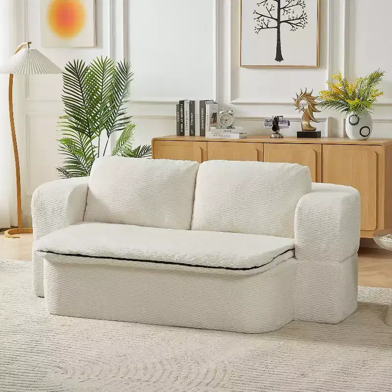 Modern Convertible Folding Futon Sofa for Living Room Bedroom, Deep Seat Sofa Couch with Comfy Backrest & Cushion Blanket