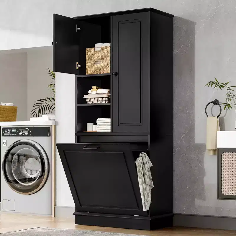 MAYEERTY Tall Storage Cabinet Adjustable Shelves Flip-Out Basket MDF Aluminum Handles