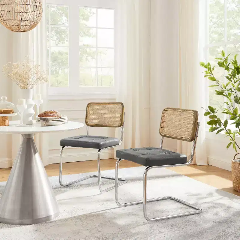 Faux Leather Seat and Wicker Cane Back Dining Chairs