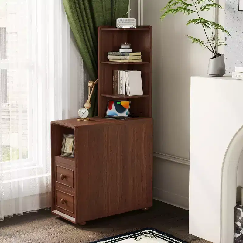 End Table & Corner Table with Drawers, Open Shelves for Bedroom and Corner - Walnut