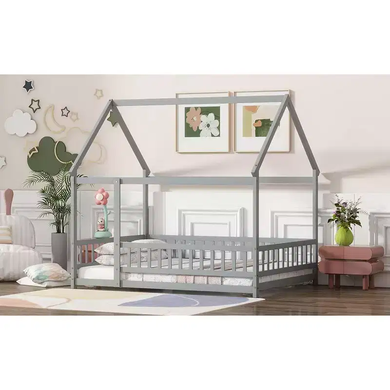 MAYEERTY Full House Floor Wooden Bed with Floor Frames, Safety Guardrails Gray