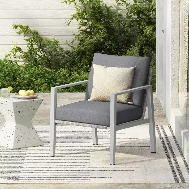 Silver Aluminum Lounge Chair with Rope Accents and Comfortable Cushions, for Modern Outdoor and Indoor Spaces