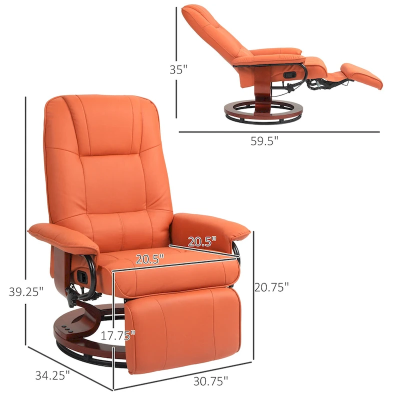 Faux Leather Manual Swivel Recliner Chair with Footrest, Armrest and Wrapped Wood Base
