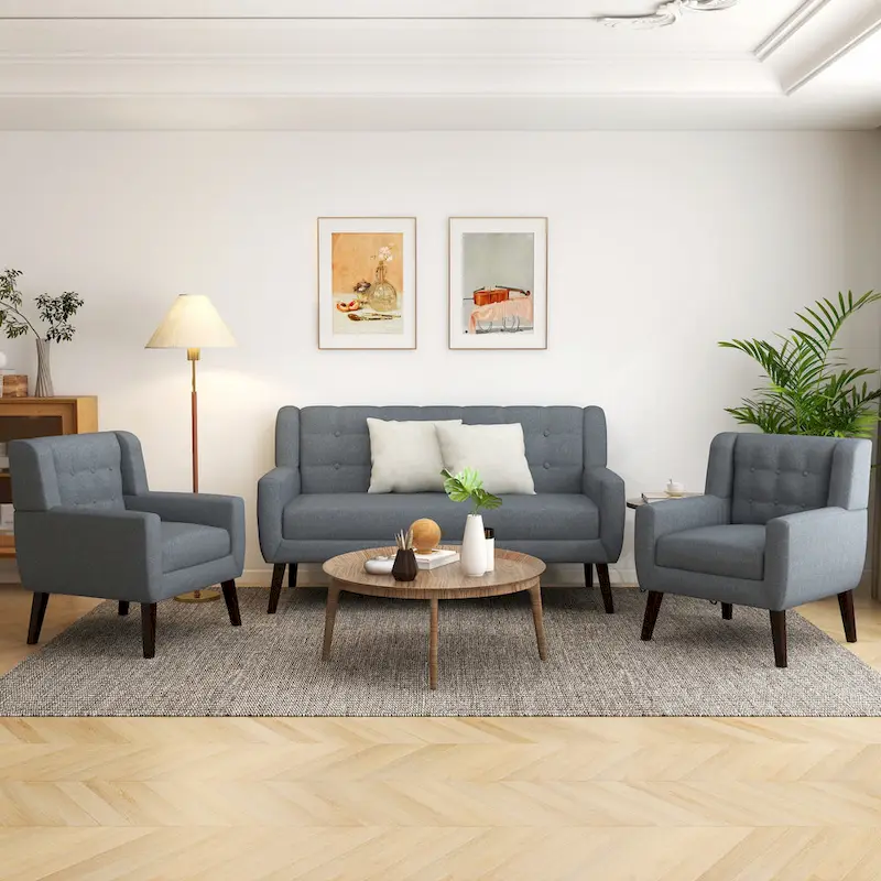 Modern Curved 63 Button Tufted Upholstered Loveseat with 2 Accent Chairs