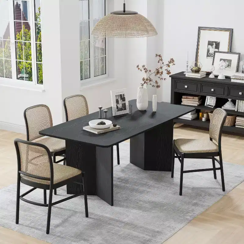67 Farmhouse Large Rectangle Yellow Dining Table for 4-6 People with V-Shaped Legs for Dining Room and Living Room