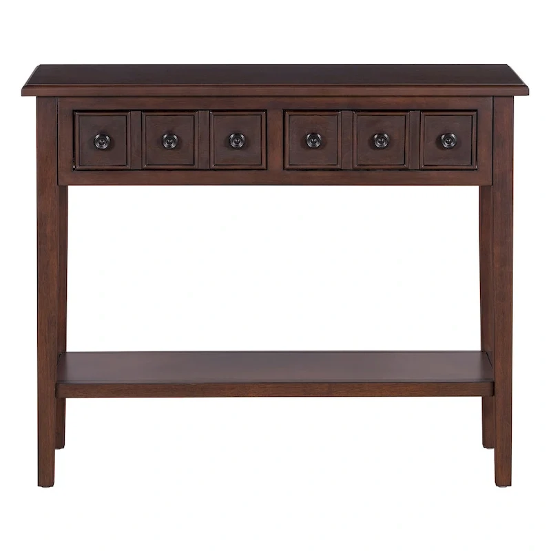 38.2 Rustic Console Table with Open Shelf and Three Drawers, Rubber Wood Legs
