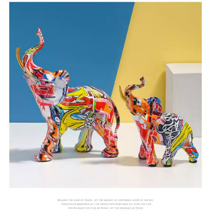 Graffiti Colorful Resin Elephant Figurine - Water Transfer Printed Home Decor for Living